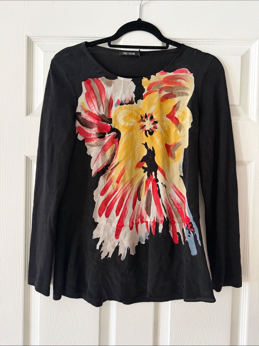 NIC+ZOE Black Long-Sleeve Top with Red and Yellow Floral Print